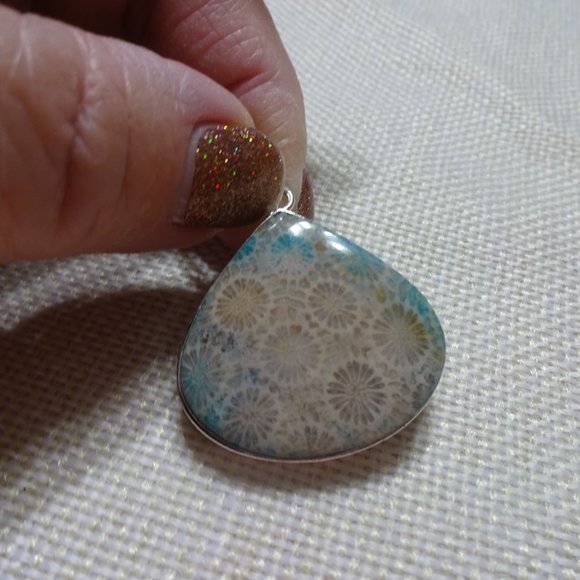 Stunning "TEAL FOSSIL CORAL" Handmade Sterling Pendant/Chain #495B - Picture 3 of 3